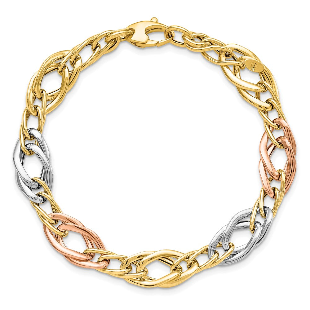 14K Tri-Color Polished 8.9mm Open Link 7.25 inch Bracelet