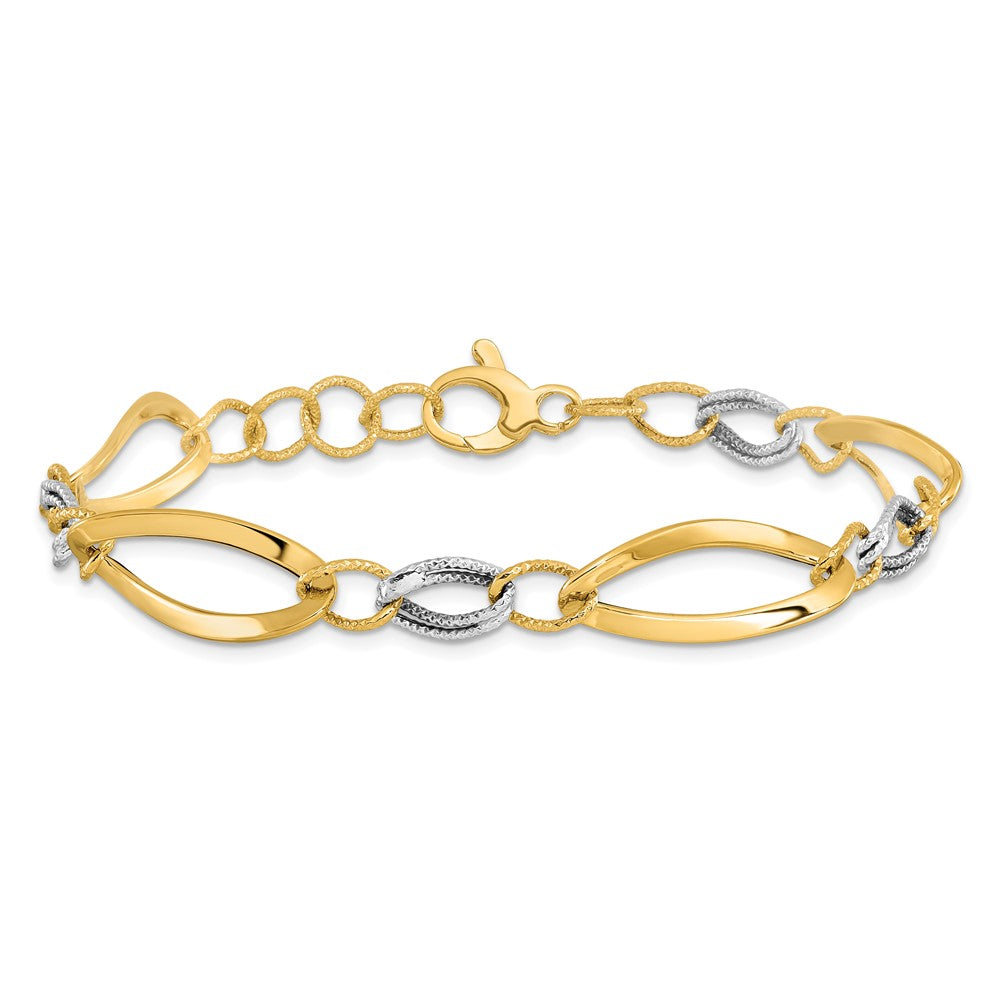 14K Two-tone Polished and Diamond-cut Link 7.25 inch with .5 inch extender Bracelet