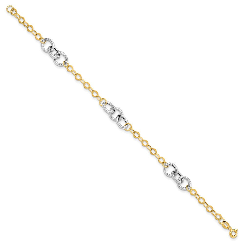 14K Two-tone Polished and Textured Fancy Link 7.5 inch Bracelet