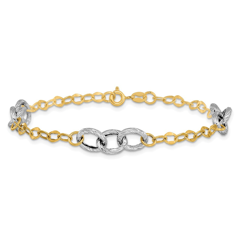 14K Two-tone Polished and Textured Fancy Link 7.5 inch Bracelet