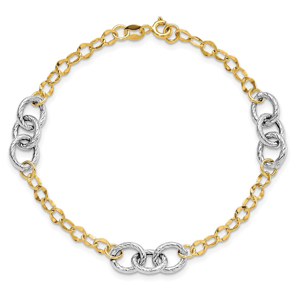 14K Two-tone Polished and Textured Fancy Link 7.5 inch Bracelet