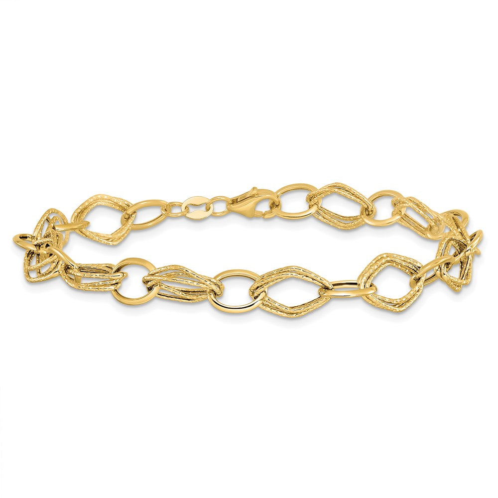 14K Polished and Textured Fancy Link 7.5 inch Bracelet
