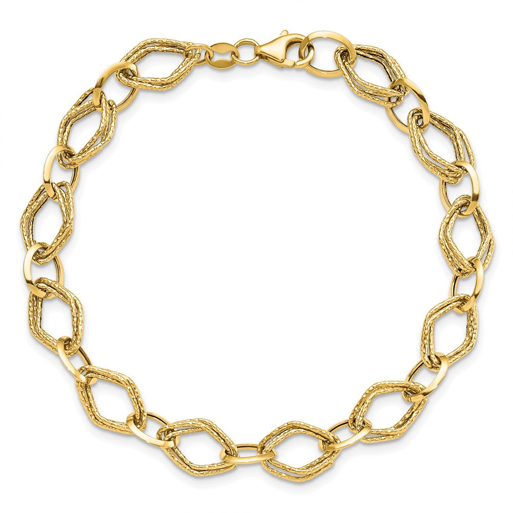 14K Polished and Textured Fancy Link 7.5 inch Bracelet