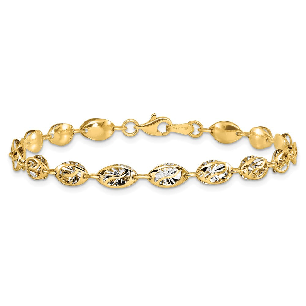14K with White Rhodium Polished and Diamond-cut 6.0mm Fancy Open Link 7.5 inch Bracelet