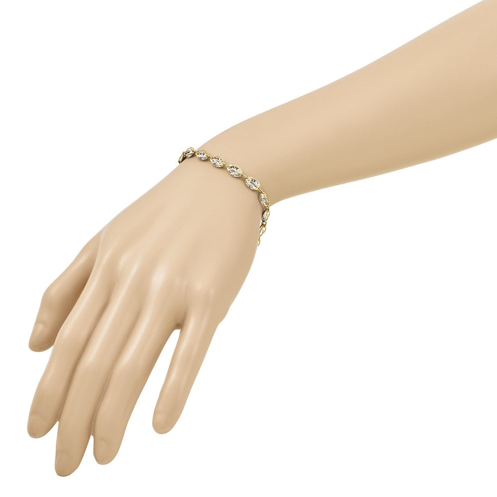 14K with White Rhodium Polished and Diamond-cut 6.0mm Fancy Open Link 7.5 inch Bracelet