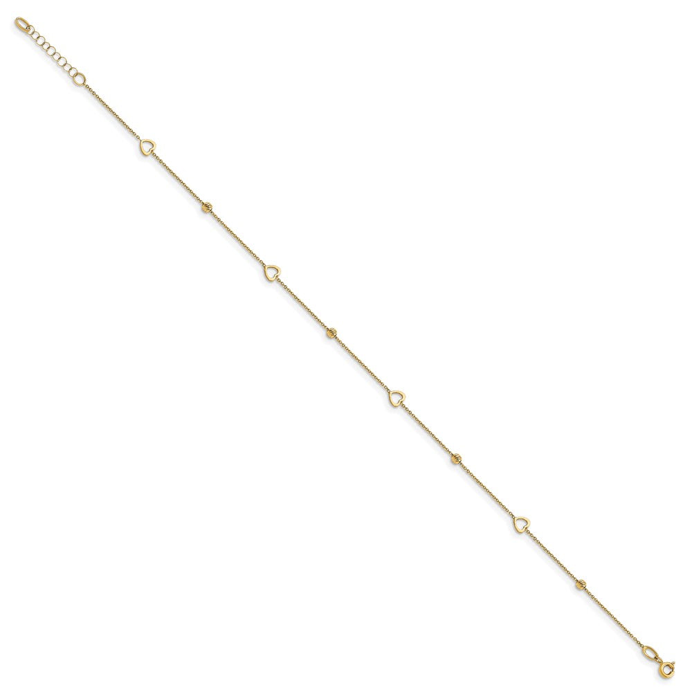 14K Heart and Diamond-cut Bead 10 inch Plus 1 inch Extender - Total 11 inch Anklet