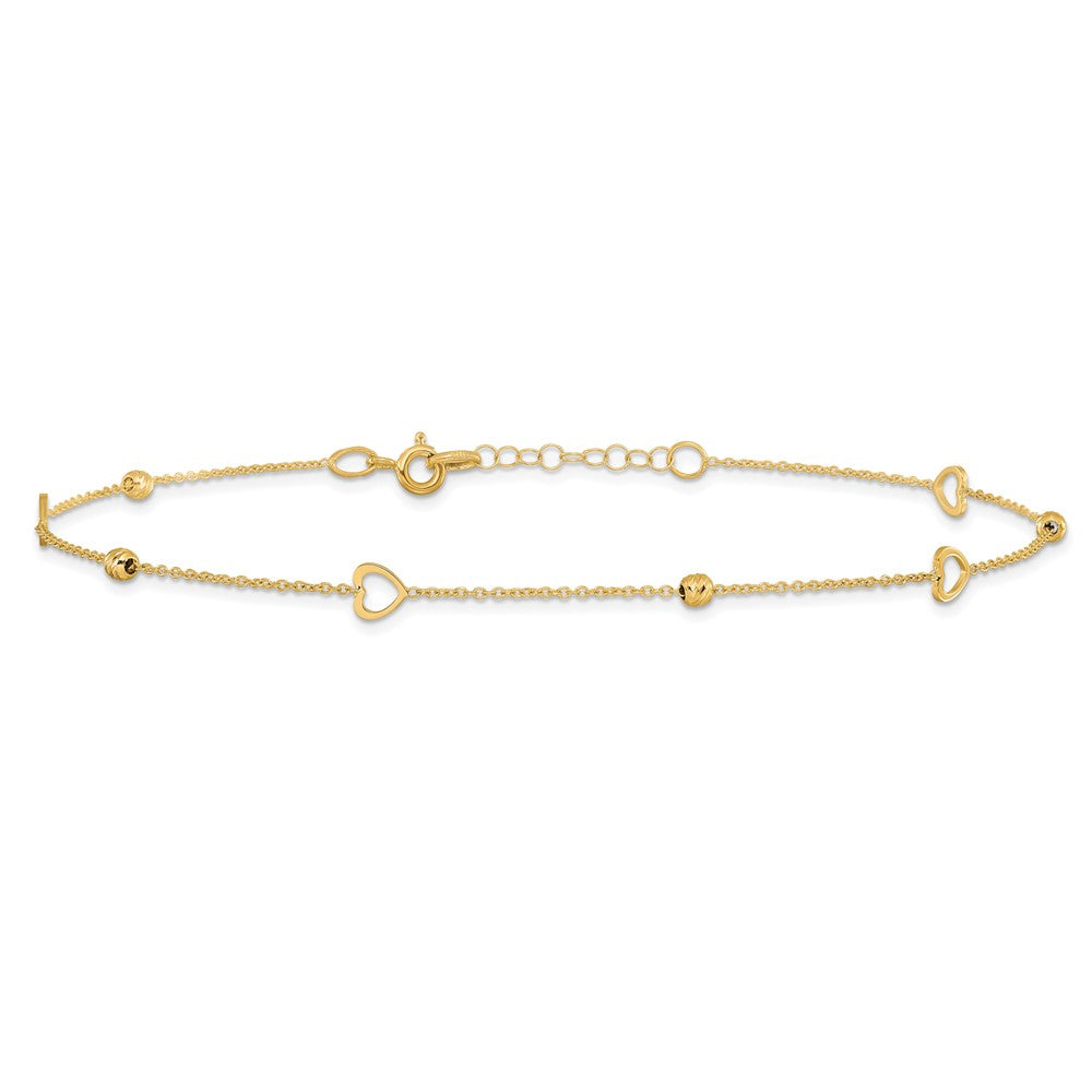 14K Heart and Diamond-cut Bead 10 inch Plus 1 inch Extender - Total 11 inch Anklet