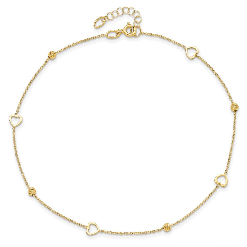 14K Heart and Diamond-cut Bead 10 inch Plus 1 inch Extender - Total 11 inch Anklet