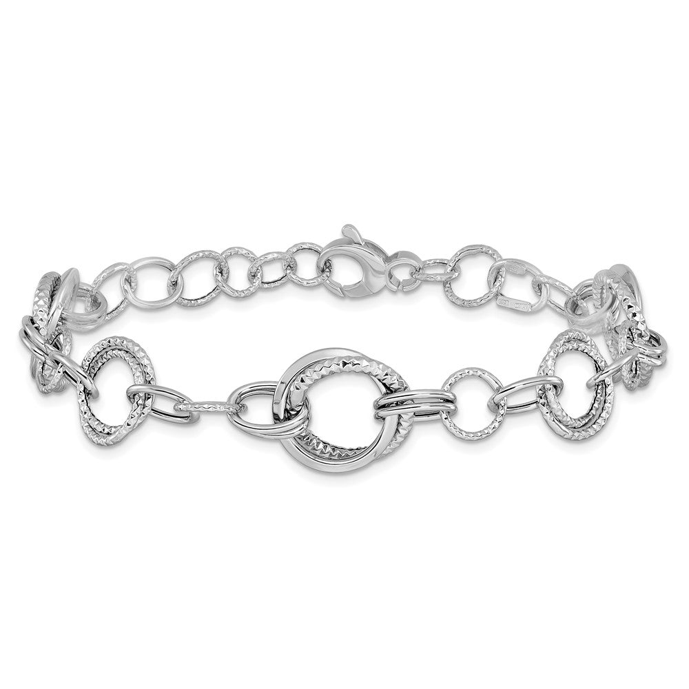 14K White Gold Polished and Textured Fancy Link 7 inch Bracelet