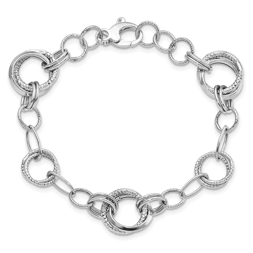 14K White Gold Polished and Textured Fancy Link 7 inch Bracelet