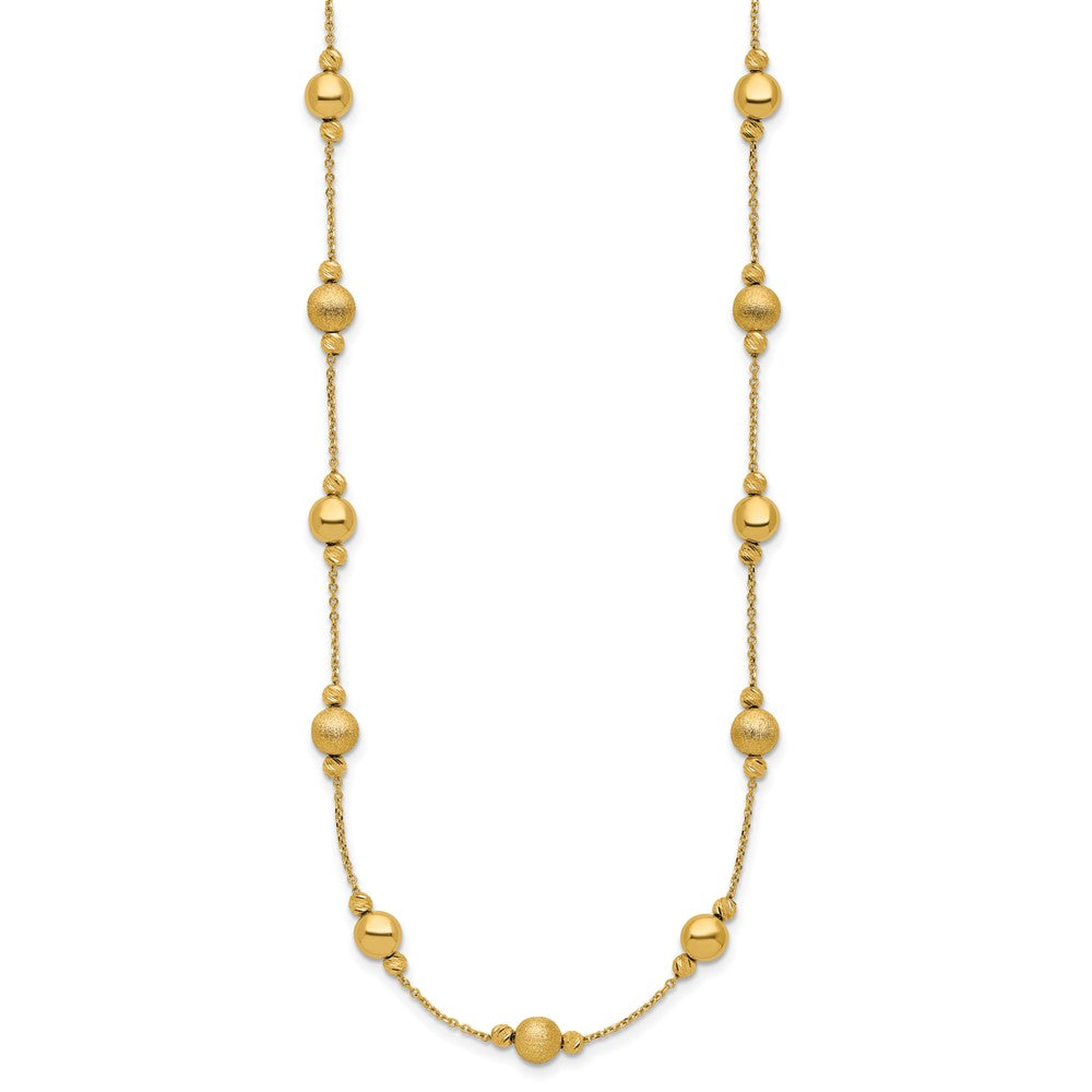 14K Polished Diamond-cut and Scratch Finish Station Beads 17 inch Necklace