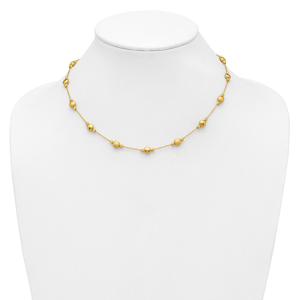14K Polished Diamond-cut and Scratch Finish Station Beads 17 inch Necklace