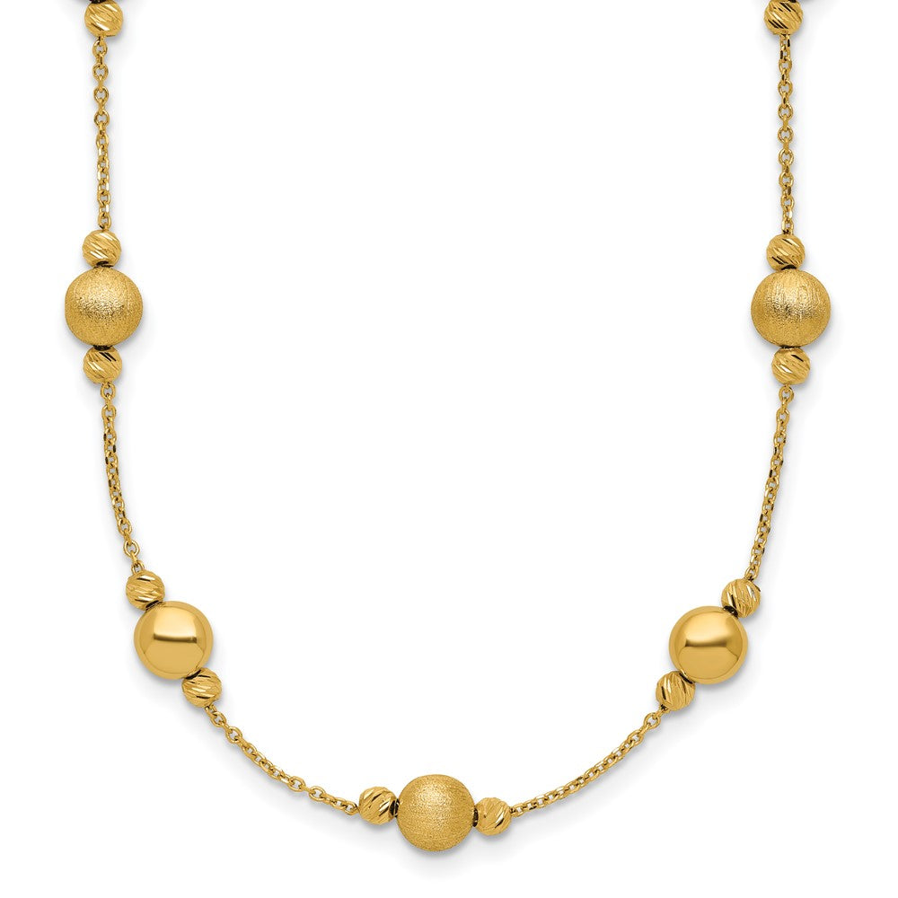 14K Polished Diamond-cut and Scratch Finish Station Beads 17 inch Necklace