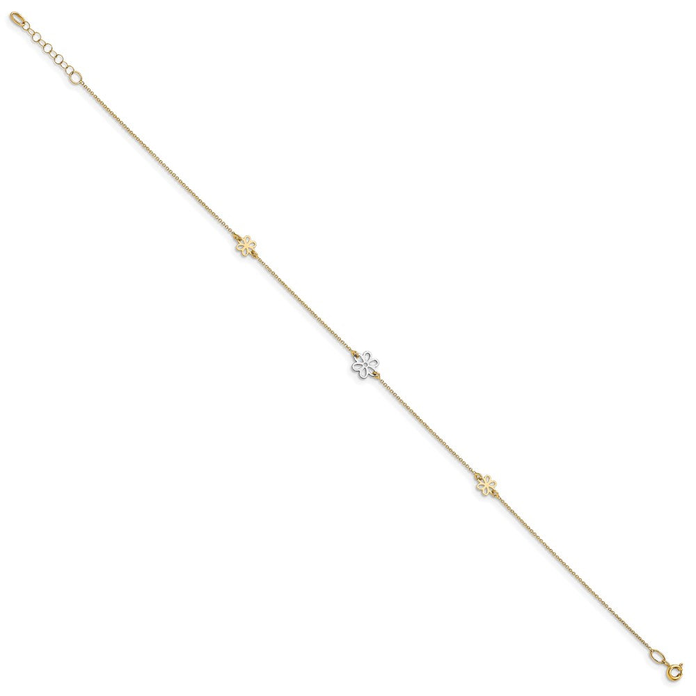 14K Two-tone Flower 3-Station 10 inch Plus 1 inch Extender - Total 11 inch Anklet