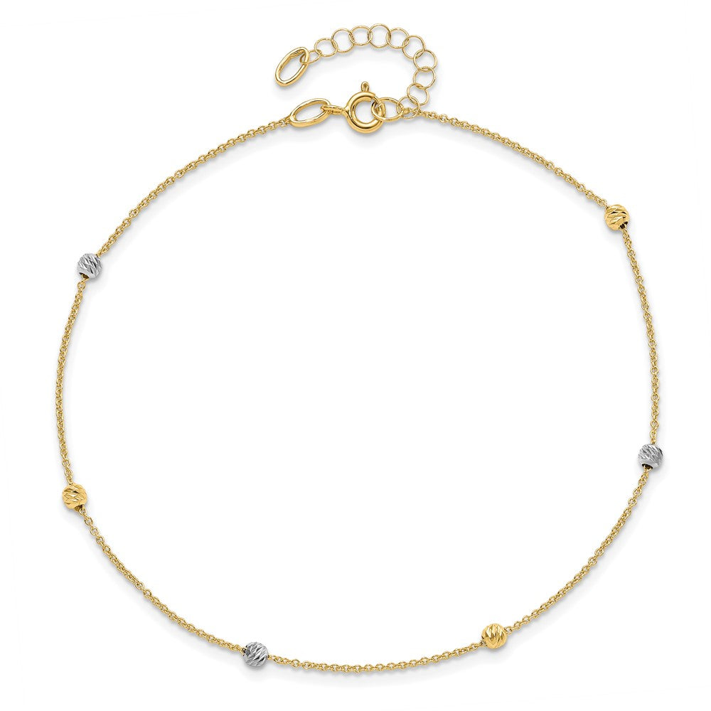14K Two-Tone Diamond-cut Bead 6-Station 9 inch Plus 1 inch Extender - Total 10 inch Anklet