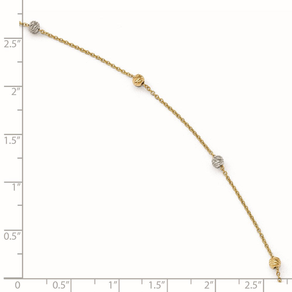 14K Two-Tone Diamond-cut Bead 6-Station 9 inch Plus 1 inch Extender - Total 10 inch Anklet