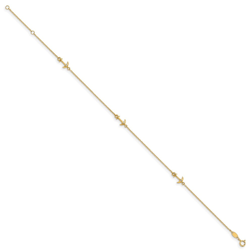 14K CZ Anchor 3-Station 9 inch Plus 1 inch Extender - Total 10 inch Anklet