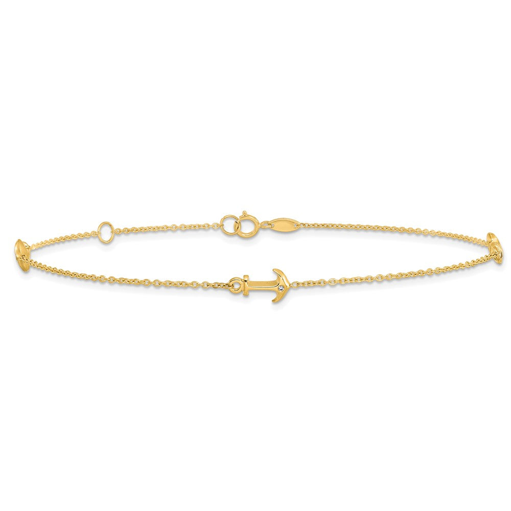 14K CZ Anchor 3-Station 9 inch Plus 1 inch Extender - Total 10 inch Anklet