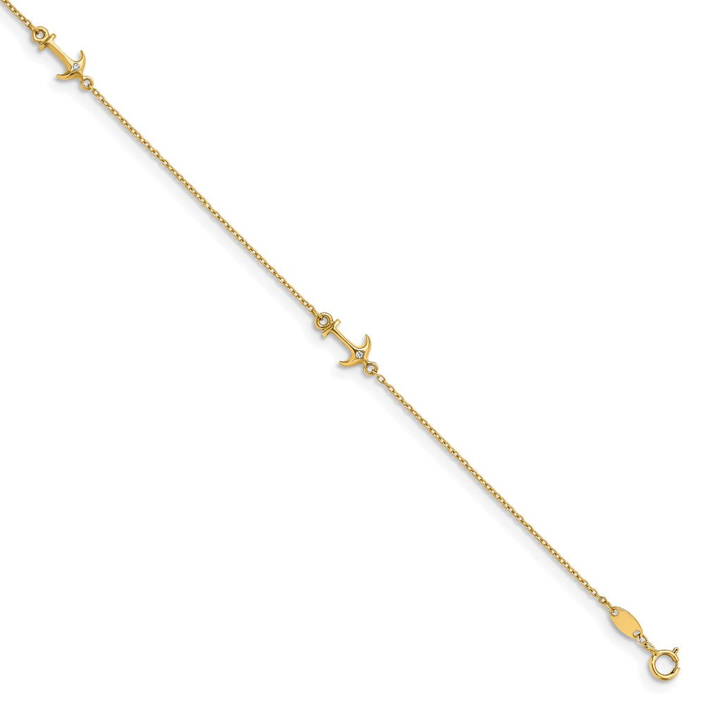 14K CZ Anchor 3-Station 9 inch Plus 1 inch Extender - Total 10 inch Anklet