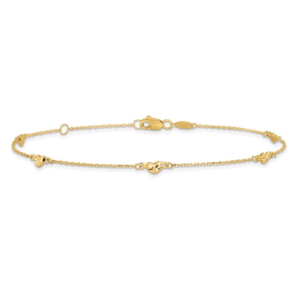 14K Diamond-cut Heart 5-Station 9 inch Plus 1 inch Extender - Total 10 inch Anklet