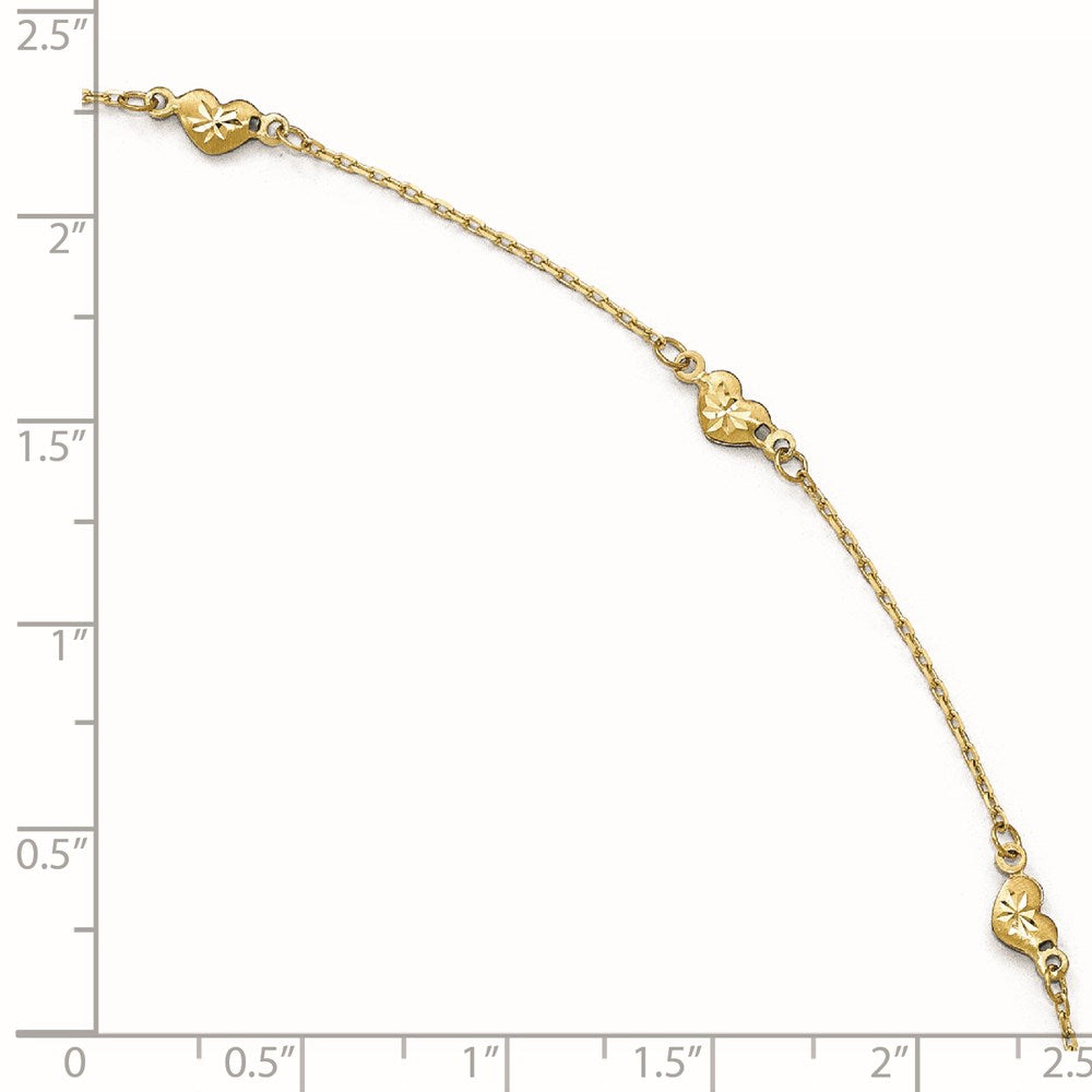 14K Diamond-cut Heart 5-Station 9 inch Plus 1 inch Extender - Total 10 inch Anklet