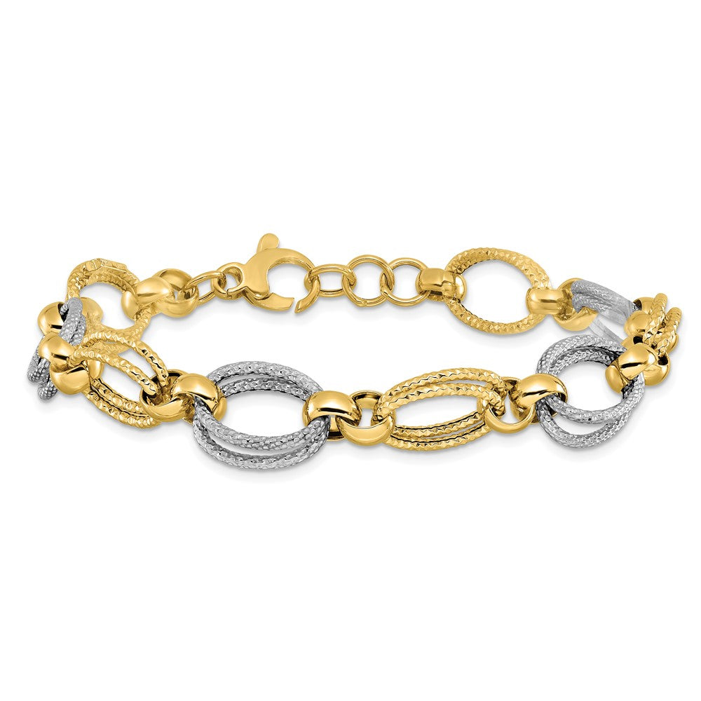 14K Two-tone Polished and Textured 11.0mm Fancy Link 8 inch Bracelet