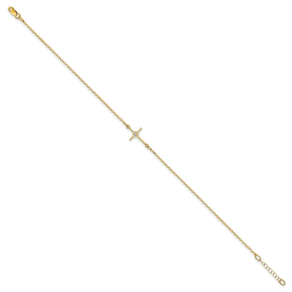 14K Polished CZ Cross 10 inch Anklet