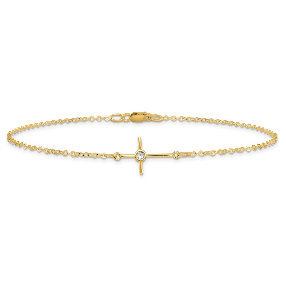 14K Polished CZ Cross 10 inch Anklet