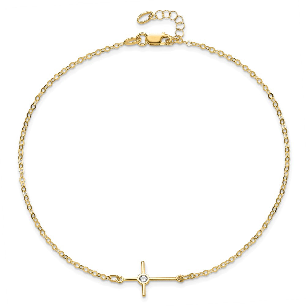 14K Polished CZ Cross 10 inch Anklet