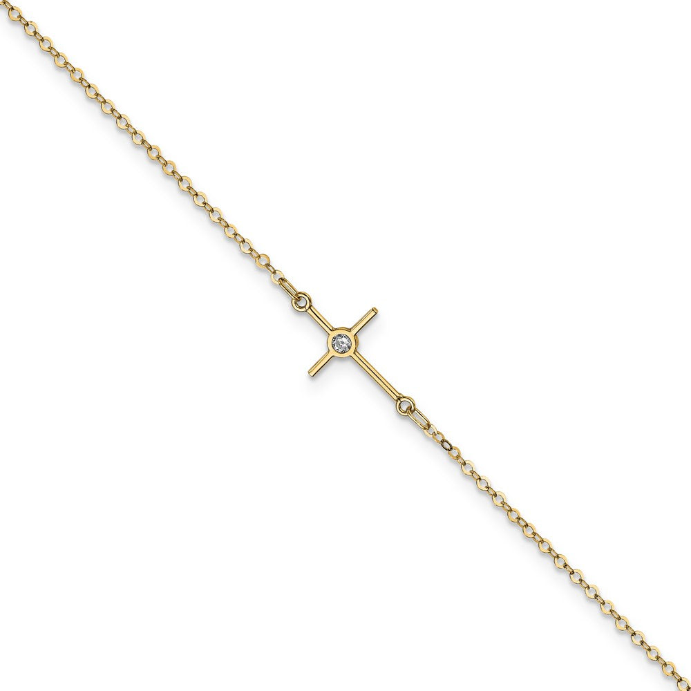 14K Polished CZ Cross 10 inch Anklet