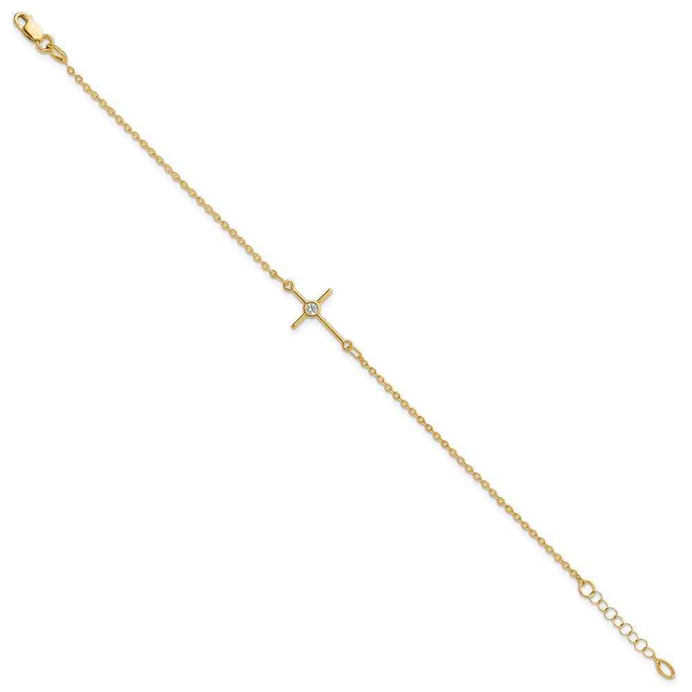 14K Polished Cubic Zirconia Cross 7 inch with 1 inch extender Bracelet