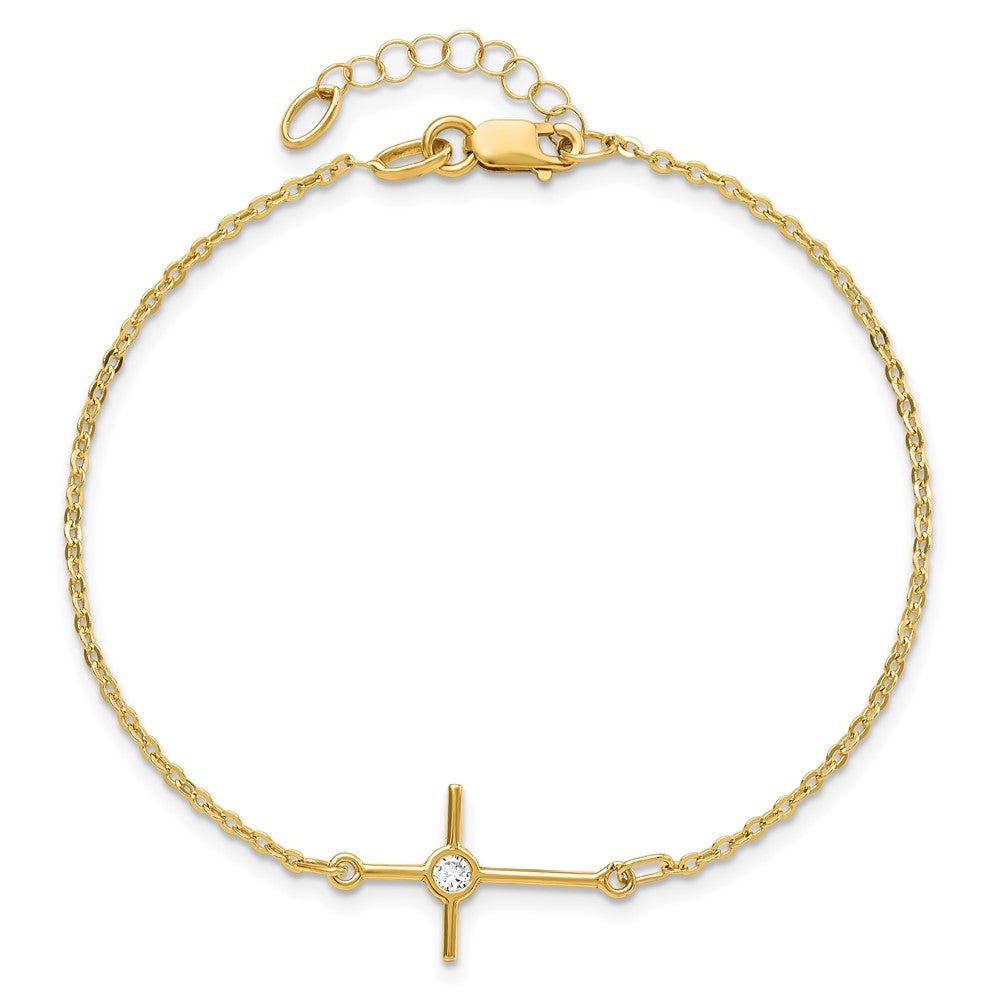 14K Polished Cubic Zirconia Cross 7 inch with 1 inch extender Bracelet
