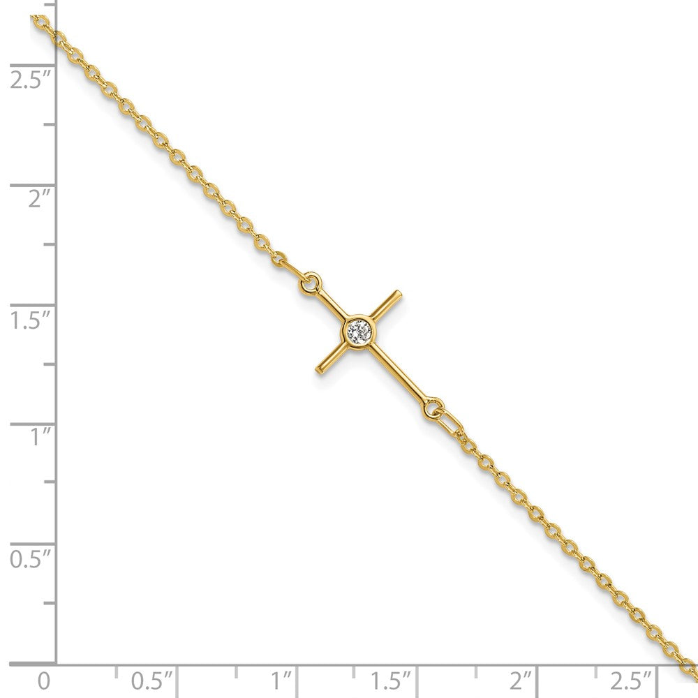 14K Polished Cubic Zirconia Cross 7 inch with 1 inch extender Bracelet