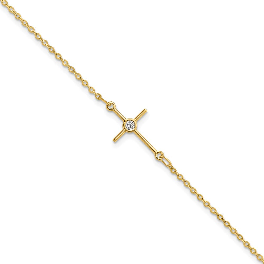 14K Polished Cubic Zirconia Cross 7 inch with 1 inch extender Bracelet