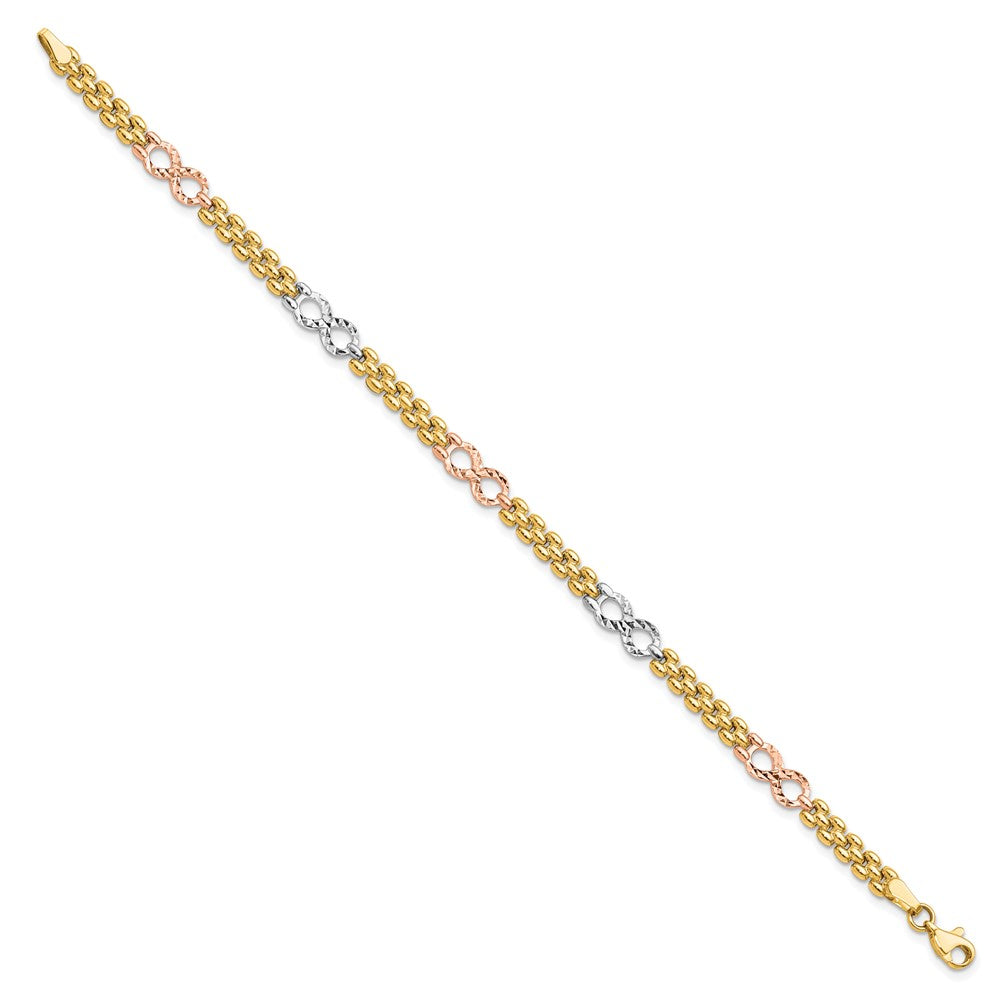 14K Tri-color Polished and Textured 5.0mm Infinity Link 7.5 inch Bracelet