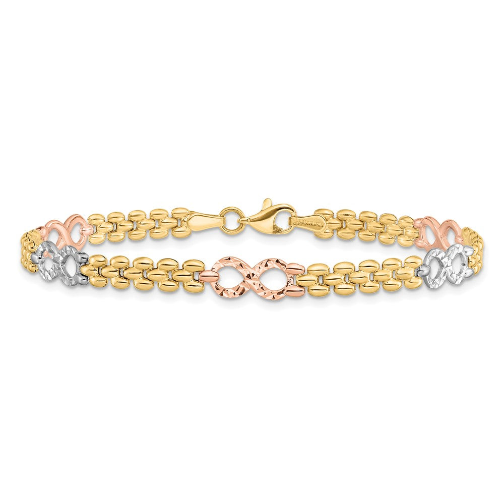 14K Tri-color Polished and Textured 5.0mm Infinity Link 7.5 inch Bracelet