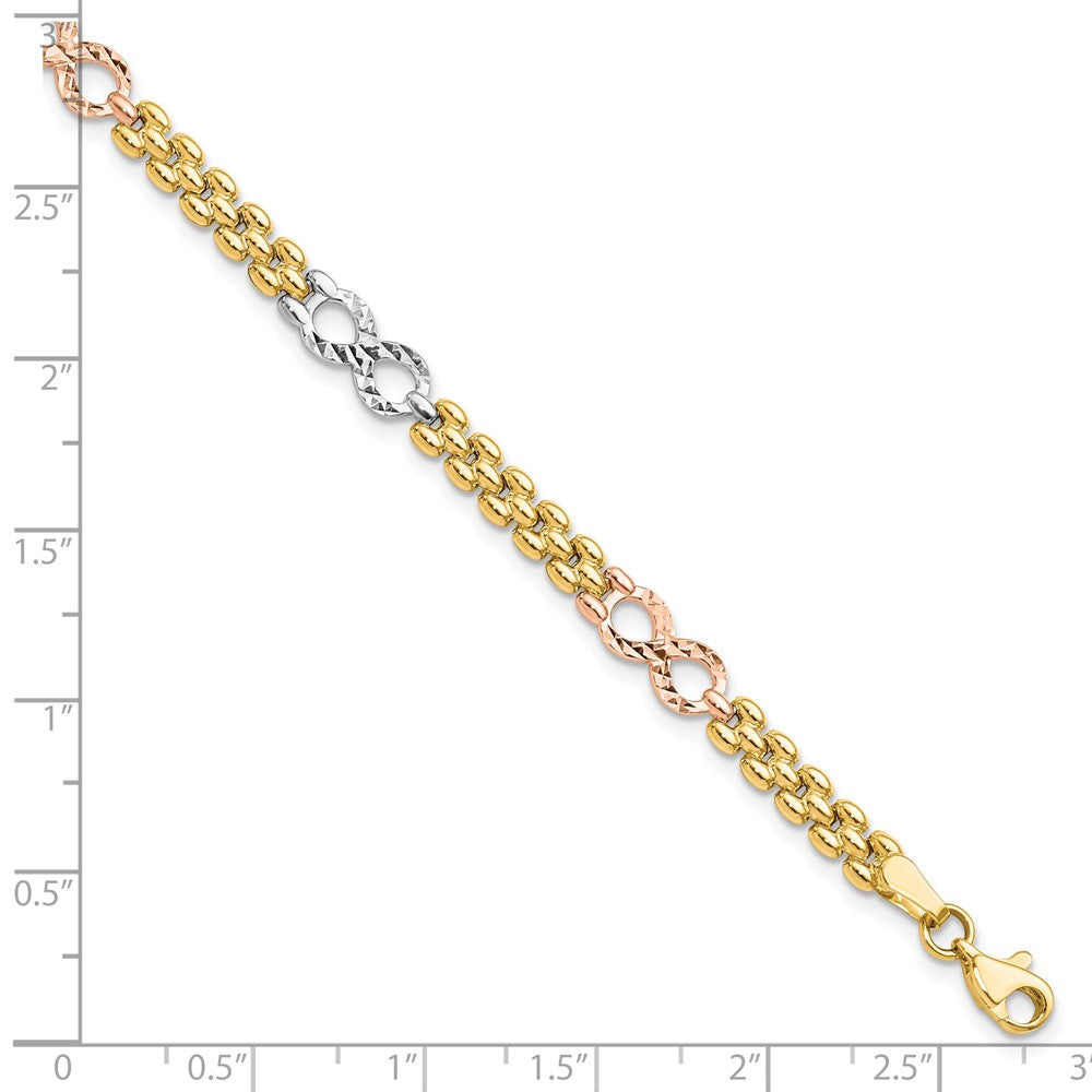 14K Tri-color Polished and Textured 5.0mm Infinity Link 7.5 inch Bracelet