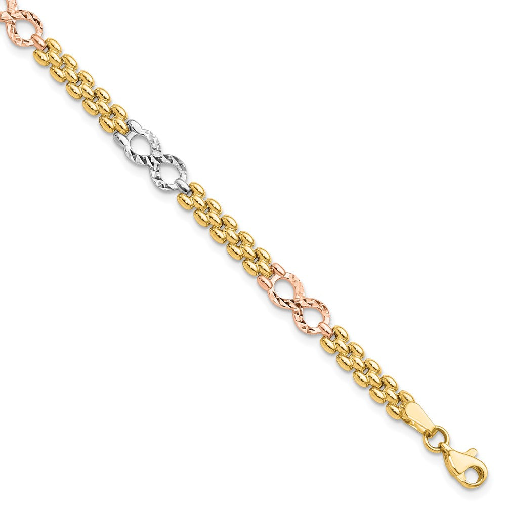 14K Tri-color Polished and Textured 5.0mm Infinity Link 7.5 inch Bracelet