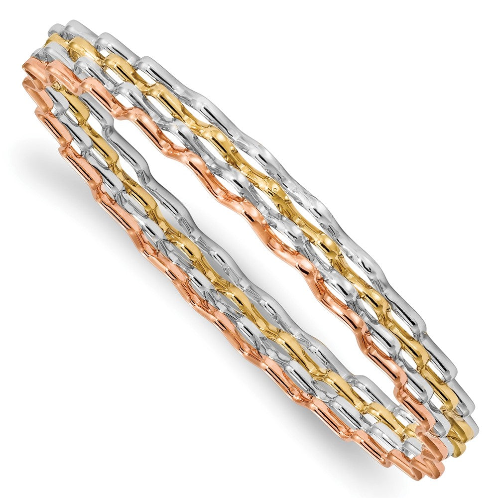 14K Tri-color Polished 4 Wavy Slip-On Bangle