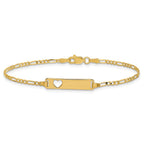 14k Polished Solid Chain/Solid Plate Figaro Link Cut-out Heart 20x5mm Plate 7 inch ID Bracelet