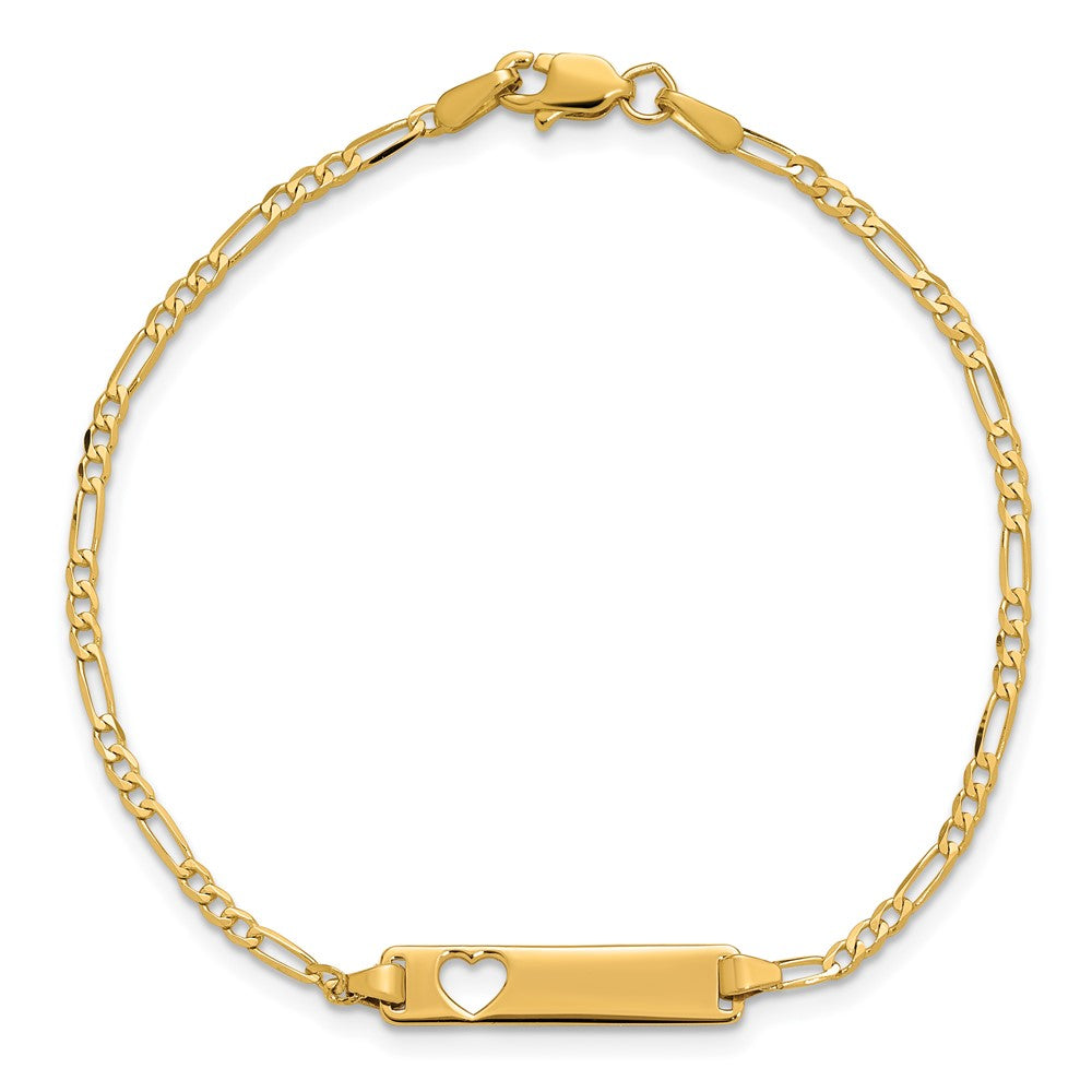 14k Polished Solid Chain/Solid Plate Figaro Link Cut-out Heart 20x5mm Plate 7 inch ID Bracelet