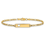 14k Polished Solid Chain/Solid Plate Figaro Link Cut-out Heart 20x5mm Plate 7 inch ID Bracelet