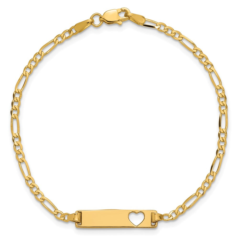 14k Polished Solid Chain/Solid Plate Figaro Link Cut-out Heart 20x5mm Plate 7 inch ID Bracelet