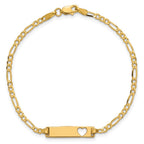 14k Polished Solid Chain/Solid Plate Figaro Link Cut-out Heart 20x5mm Plate 7 inch ID Bracelet