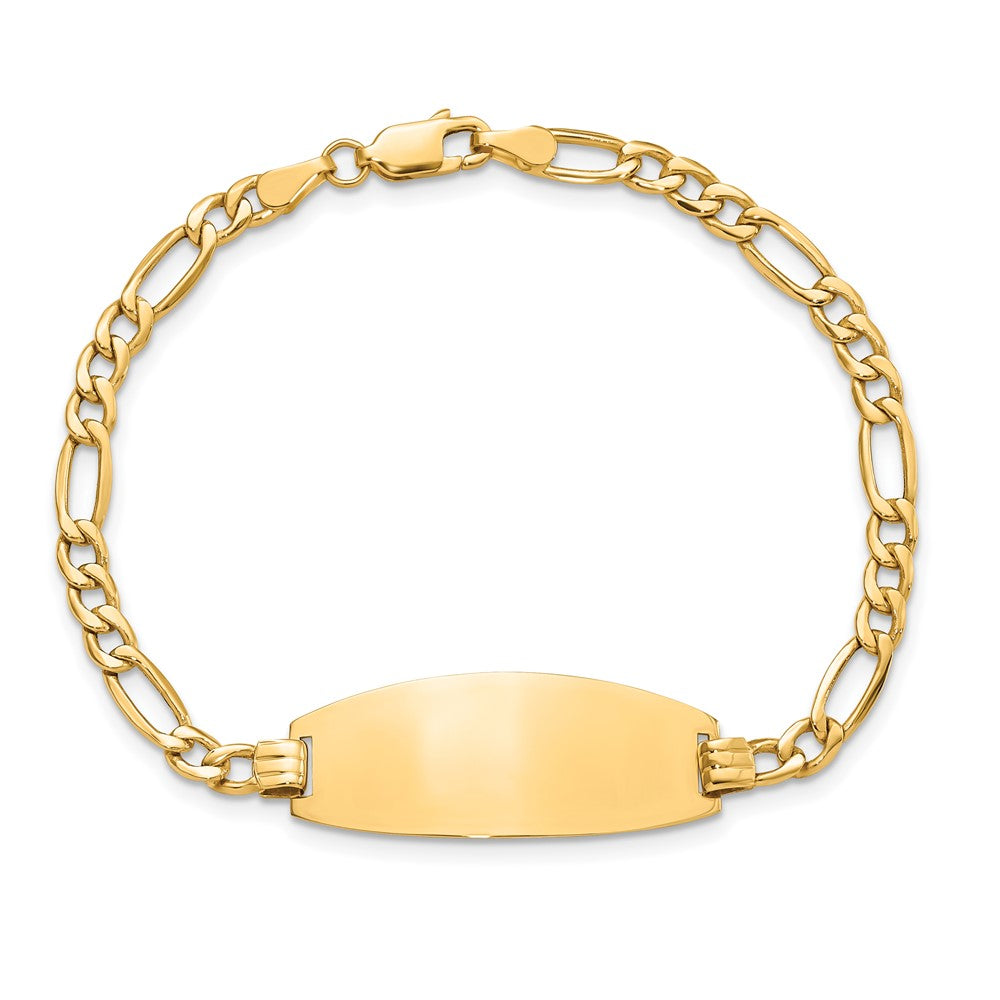 14k Polished Semi-Solid Chain/Solid Plate Figaro Link Oval 26.5x11.5mm Plate 7 inch ID Bracelet