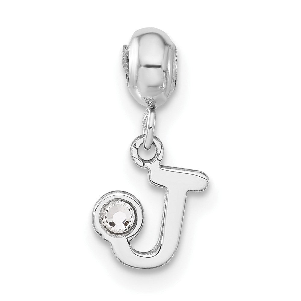 Sterling Silver Rhodium-plated MeMi Letter J with Crystal Charm