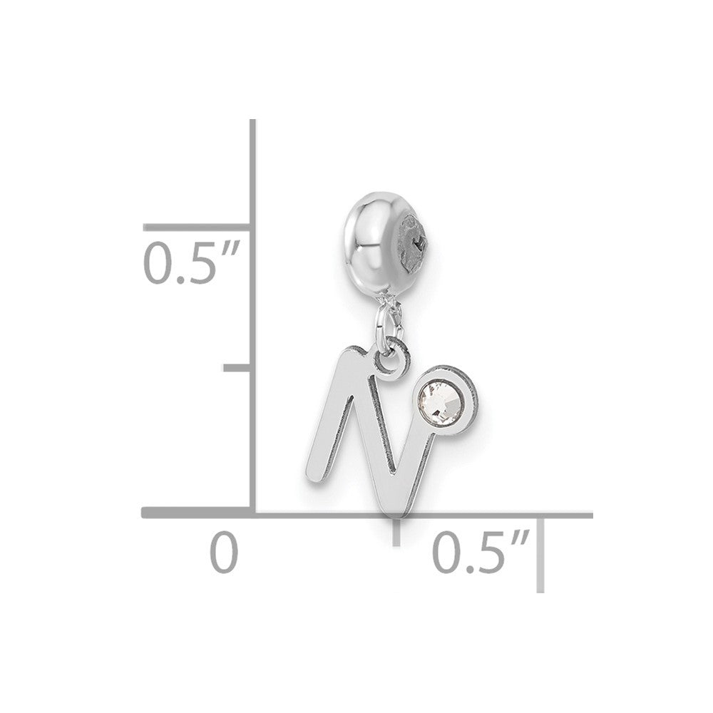 Sterling Silver Rhodium-plated MeMi Letter N with Crystal Charm