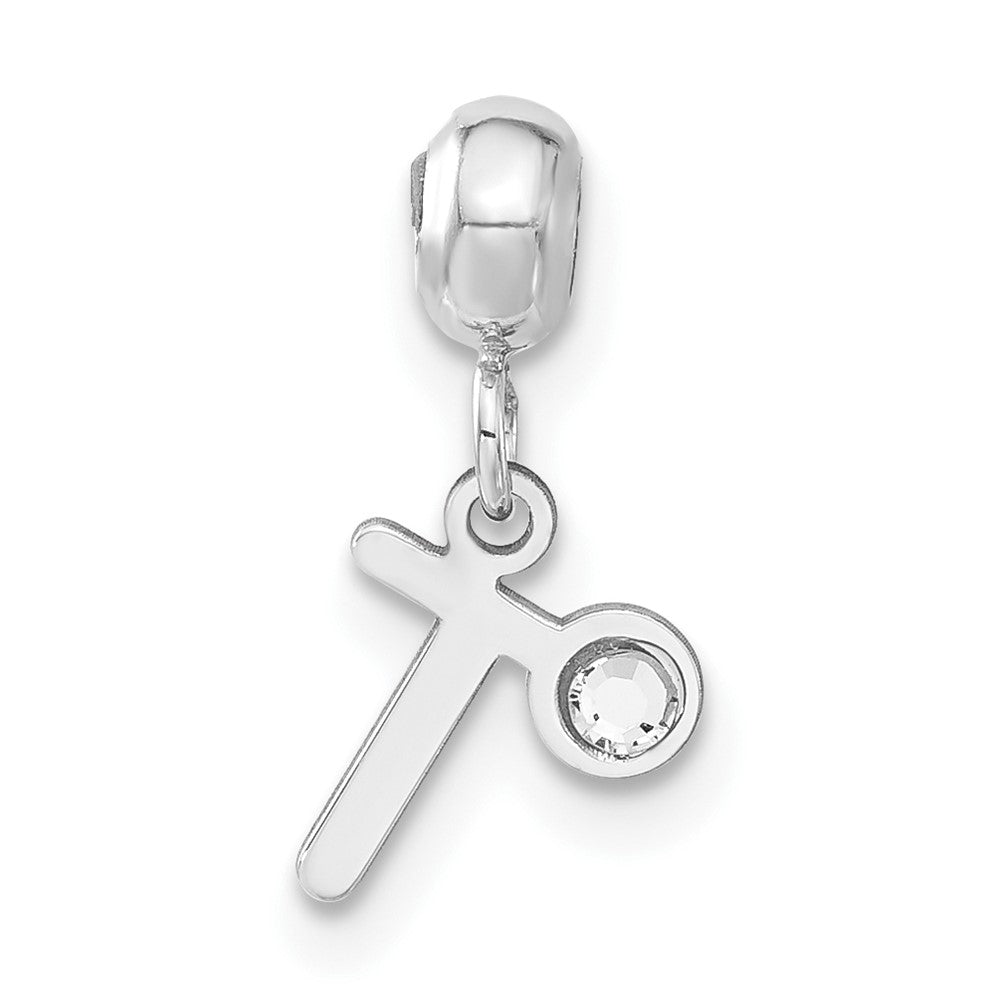 Sterling Silver Rhodium-plated MeMi Letter T with Crystal Charm