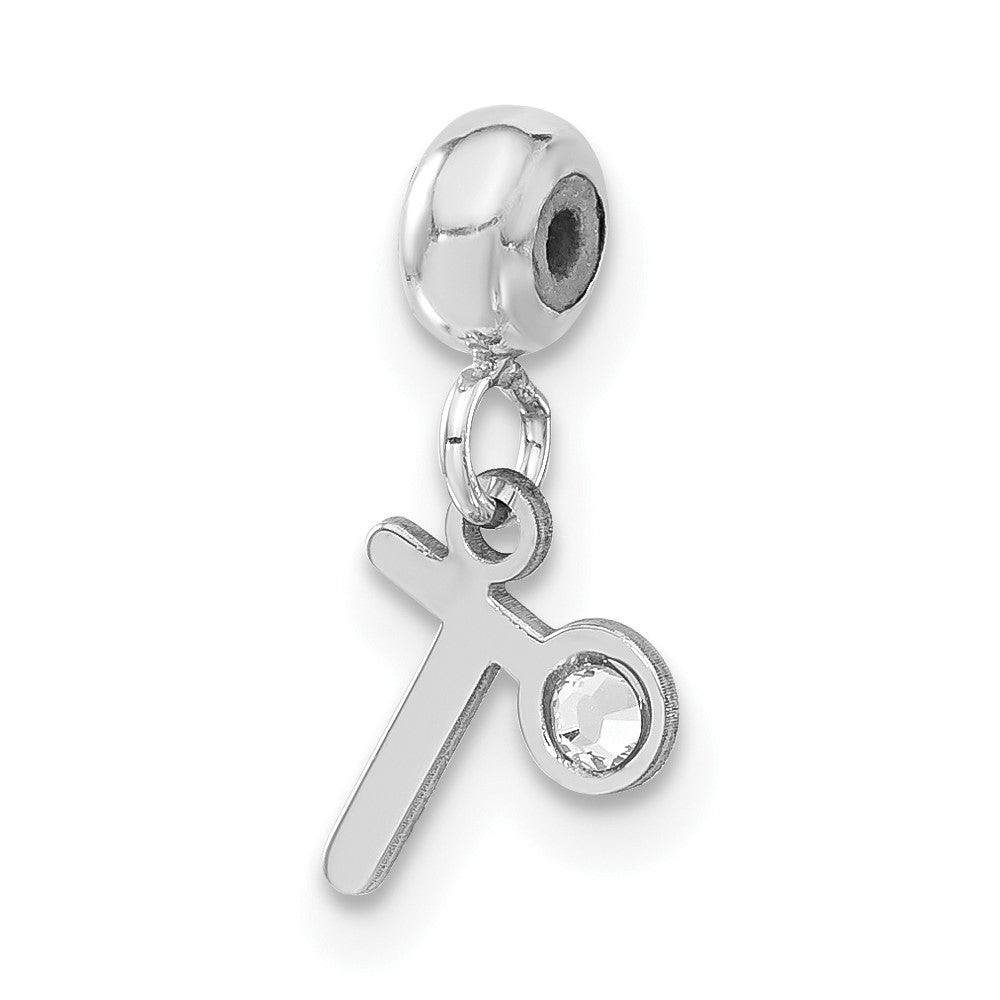 Sterling Silver Rhodium-plated MeMi Letter T with Crystal Charm