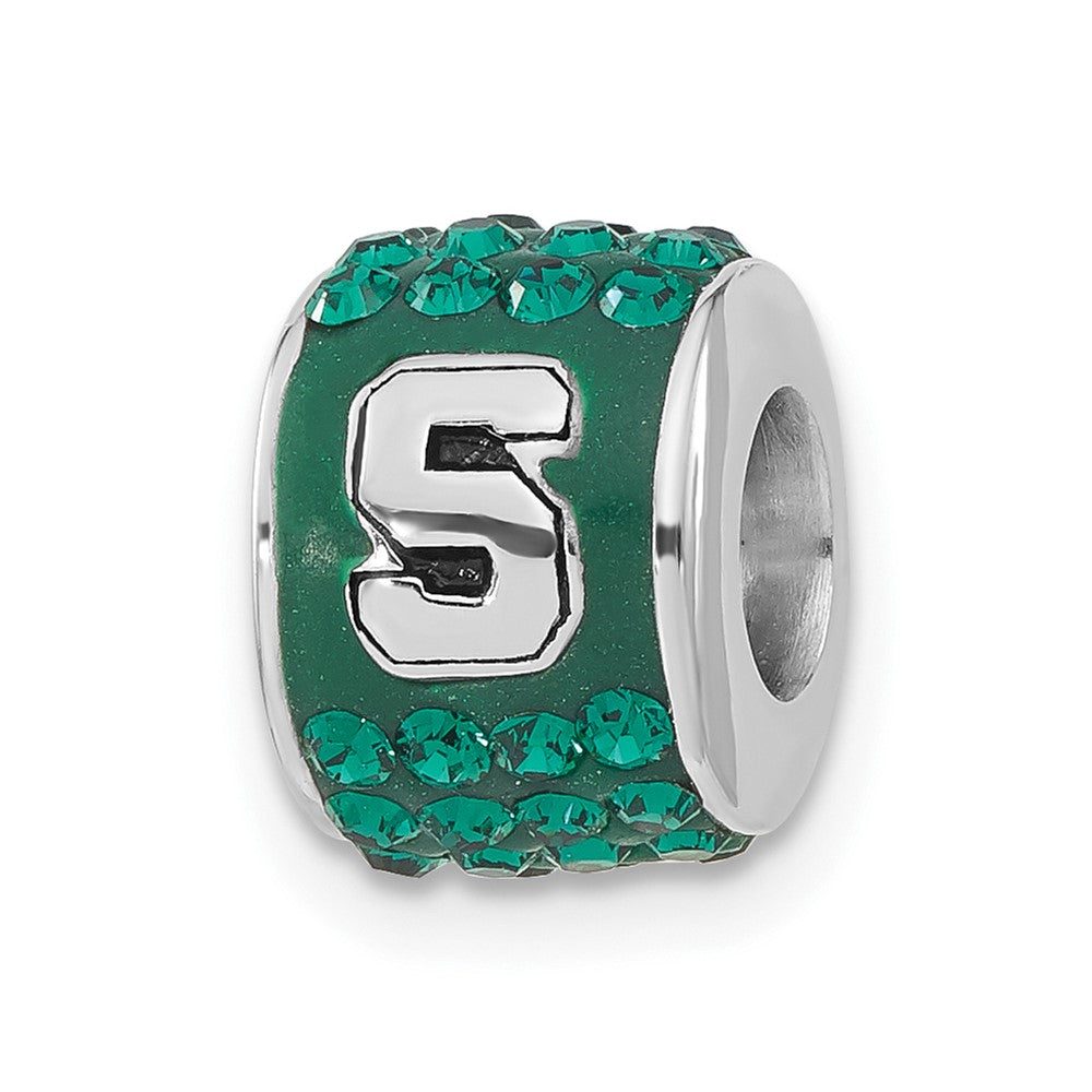 Sterling Silver Michigan State University Polished Green Crystal Bead Charm